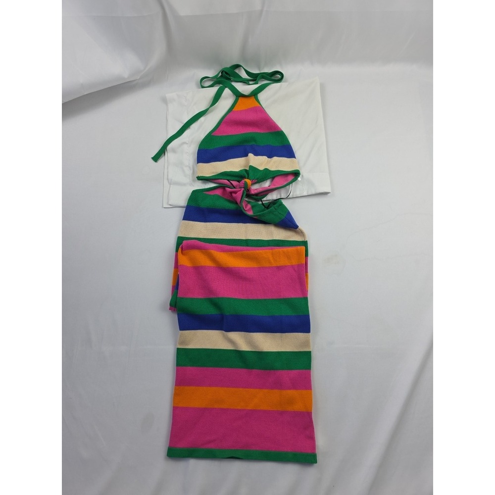 Akira Halter Maxi Dress Colorful Striped XS Knit Summer Tropical Vibe